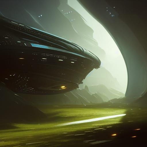 large cylindrical spaceship with black window at center over...