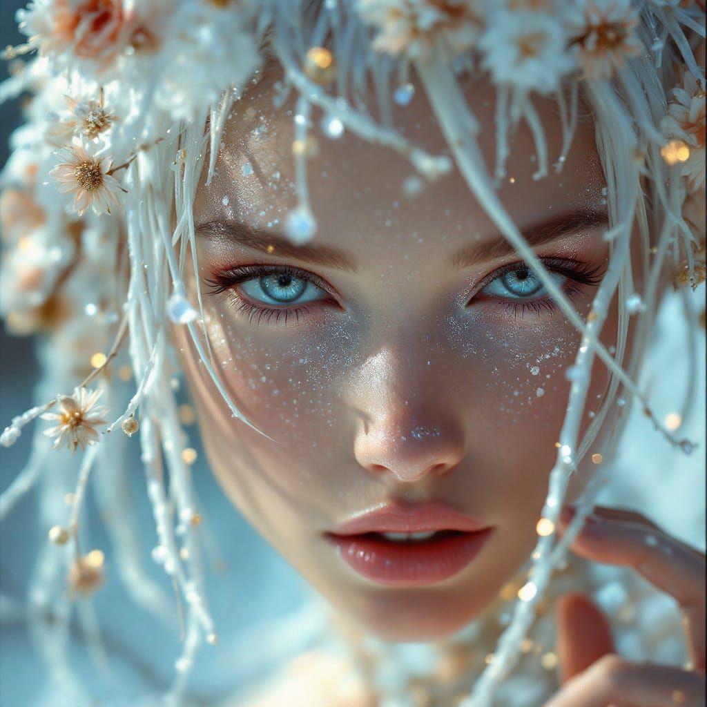 Hyperrealistic beautiful princess made of ice with white hair crystals