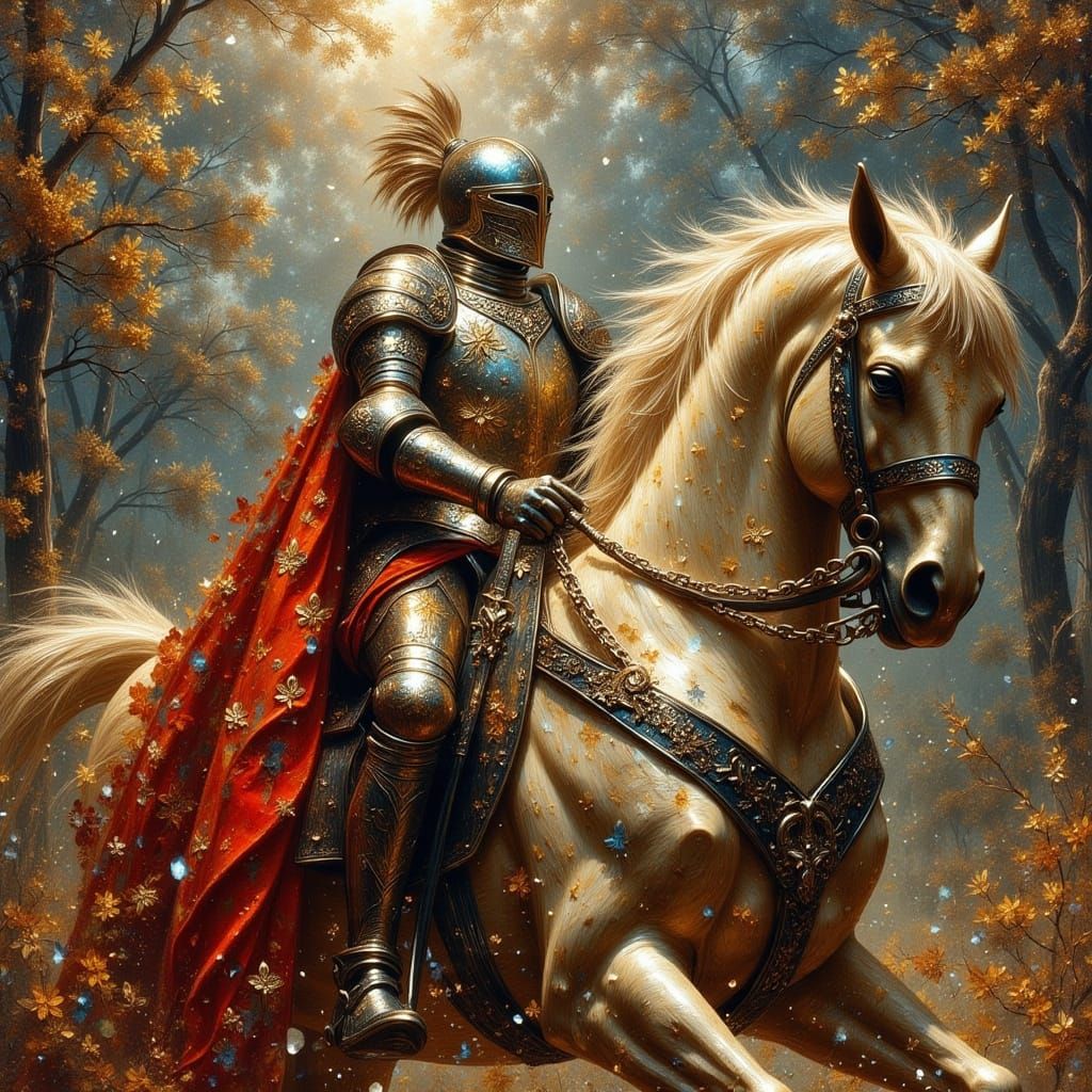 Joan of Arc wearing intricately detailed medieval armor, adorned with fleur-de-lis patterns, riding a majestic large steed, in the style of ...