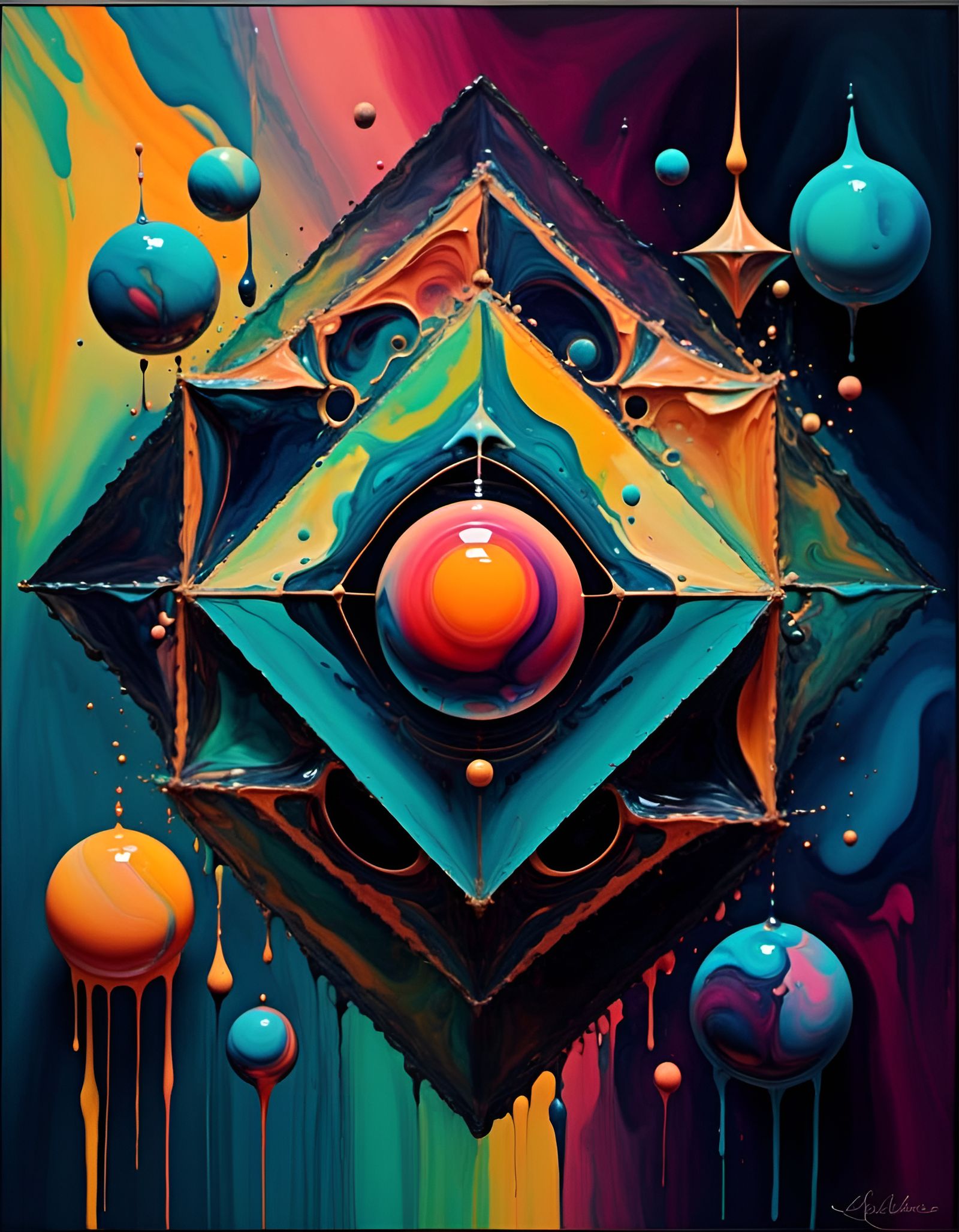 Floating Geometric shapes. Glow in the dark. abstract digital painting. <lora:Liquid Rock Music:1.0> triadic colors