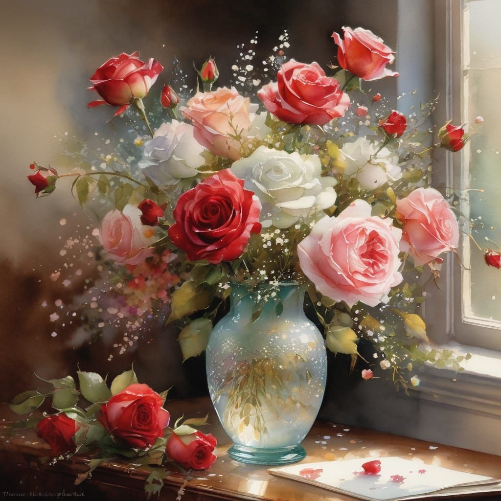 Roses and baby breath  by @Fearn