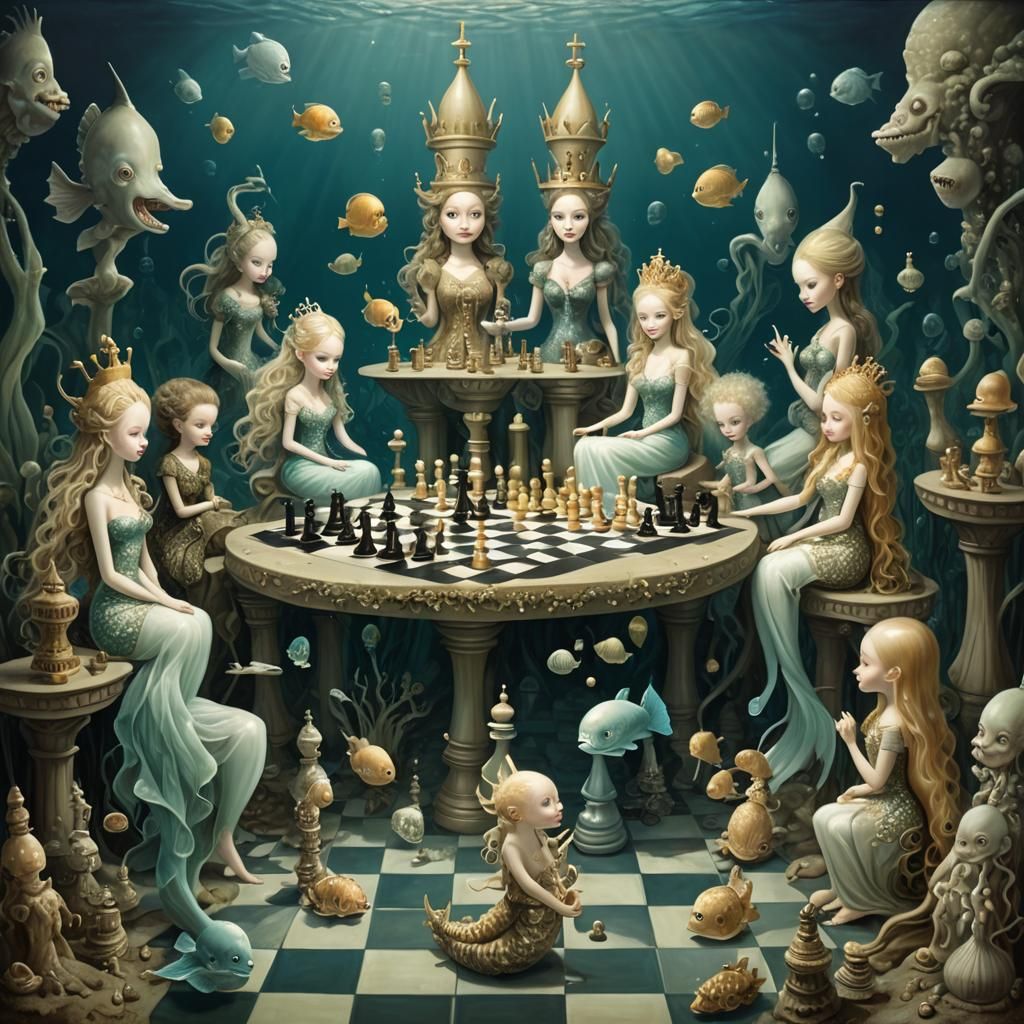 a painting of a chess scene played by mermaids, it is a huge chess boart underwater with fish, jellyfish, ...  by @farbe m