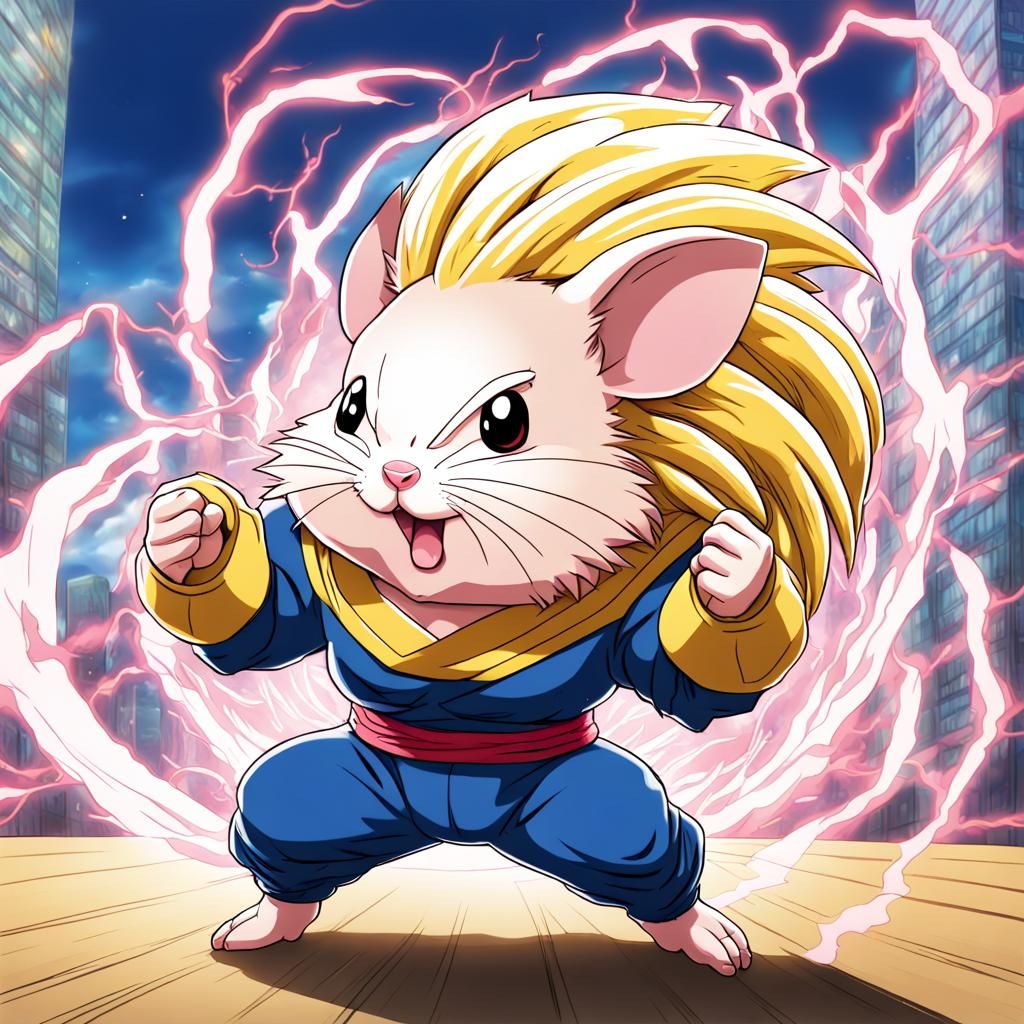 A hamster super saiyan fighting big buu