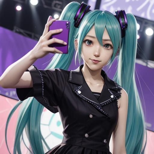 Hatsune Miku with dark purple hair taking a selfie on stage.