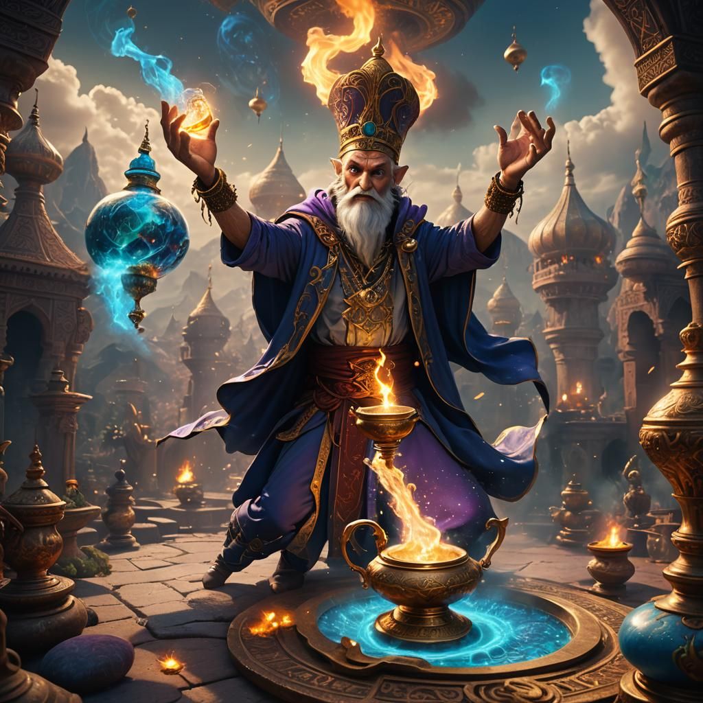 The mad wizard summoning a genie from a magic lamp