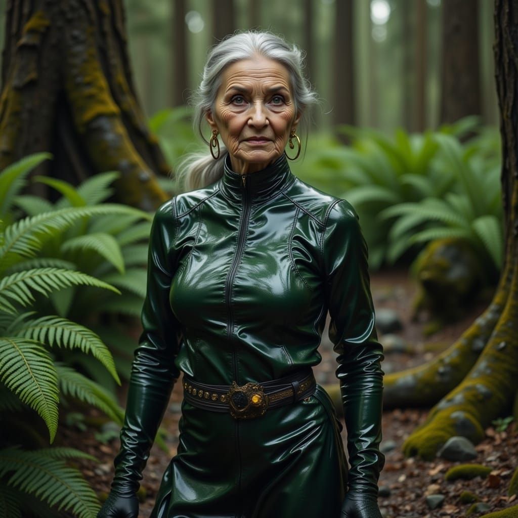 Elderly Woman in Metallic Catsuit in Forest