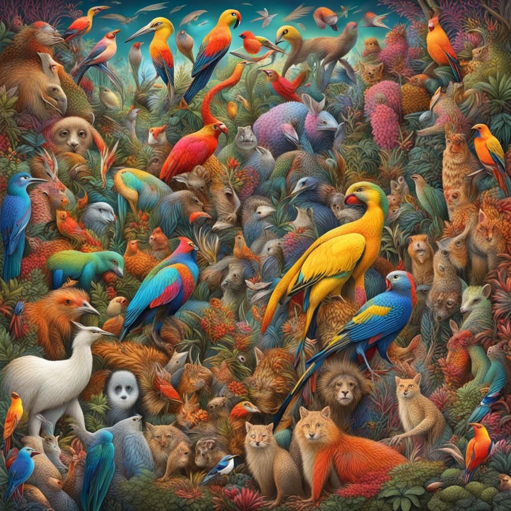 a maximalist picture all the creatures of this world ,bright...