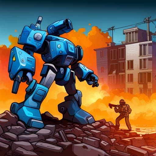 mech, combat, warzone, blue, graffiti art, splash art, stree...