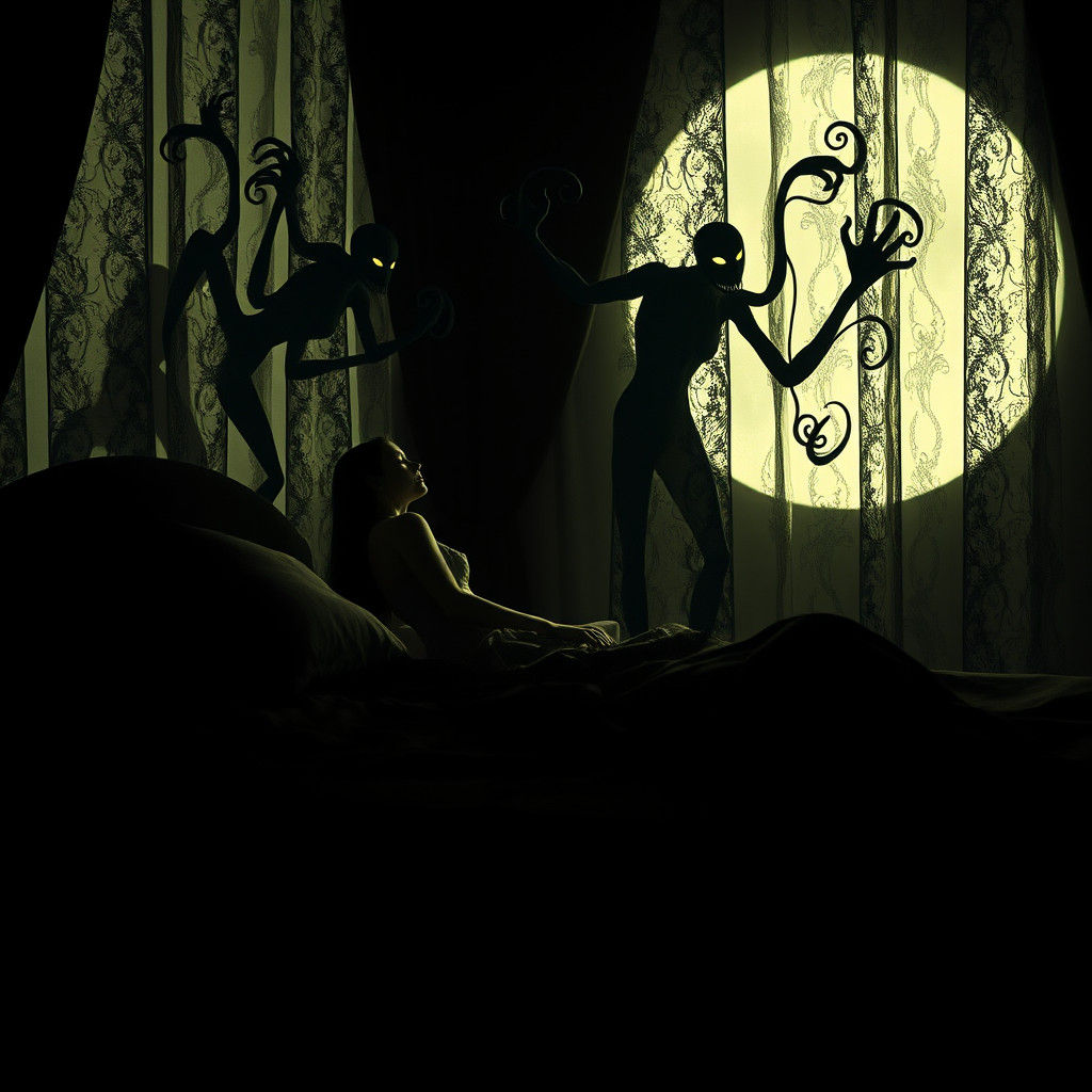 Film Noir inspired imaginative scene, a bedroom at night comes alive with shadow monsters transforming into demonic shapes. The creatures, s...