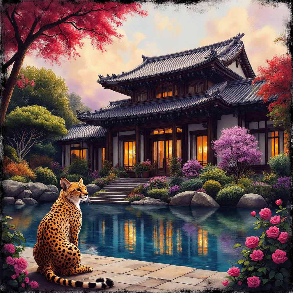 A Cheetah sitting in front of an ornate Japanese house #2