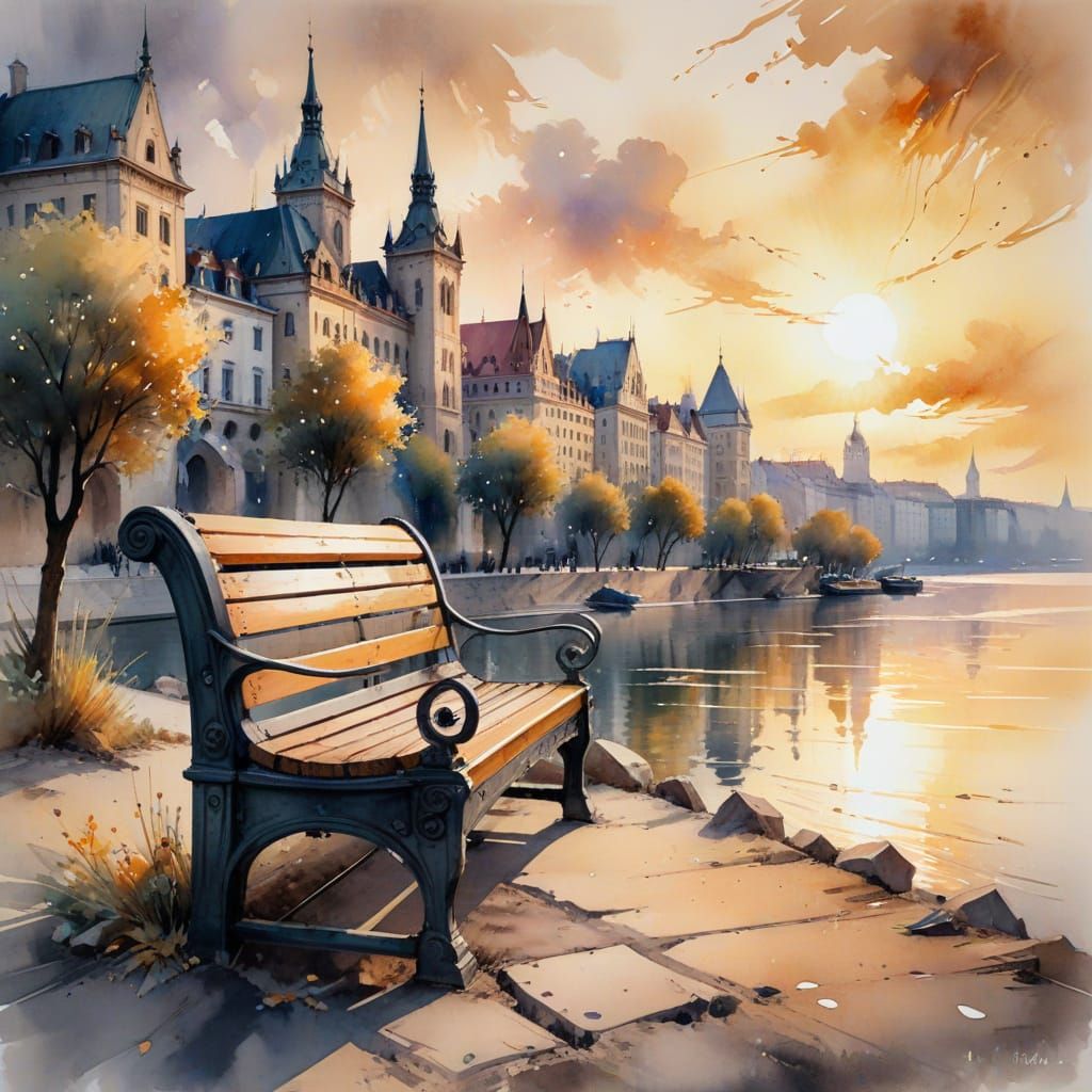 Impressionistic Bench on the Danube River in Budapest