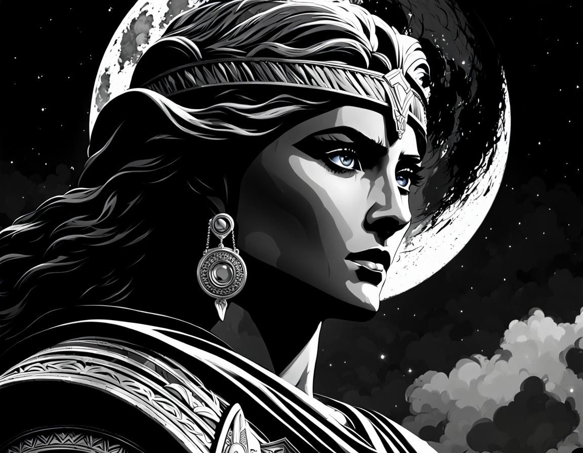 (((dark comic))), Black and white, (((Leto))), Greek goddess...