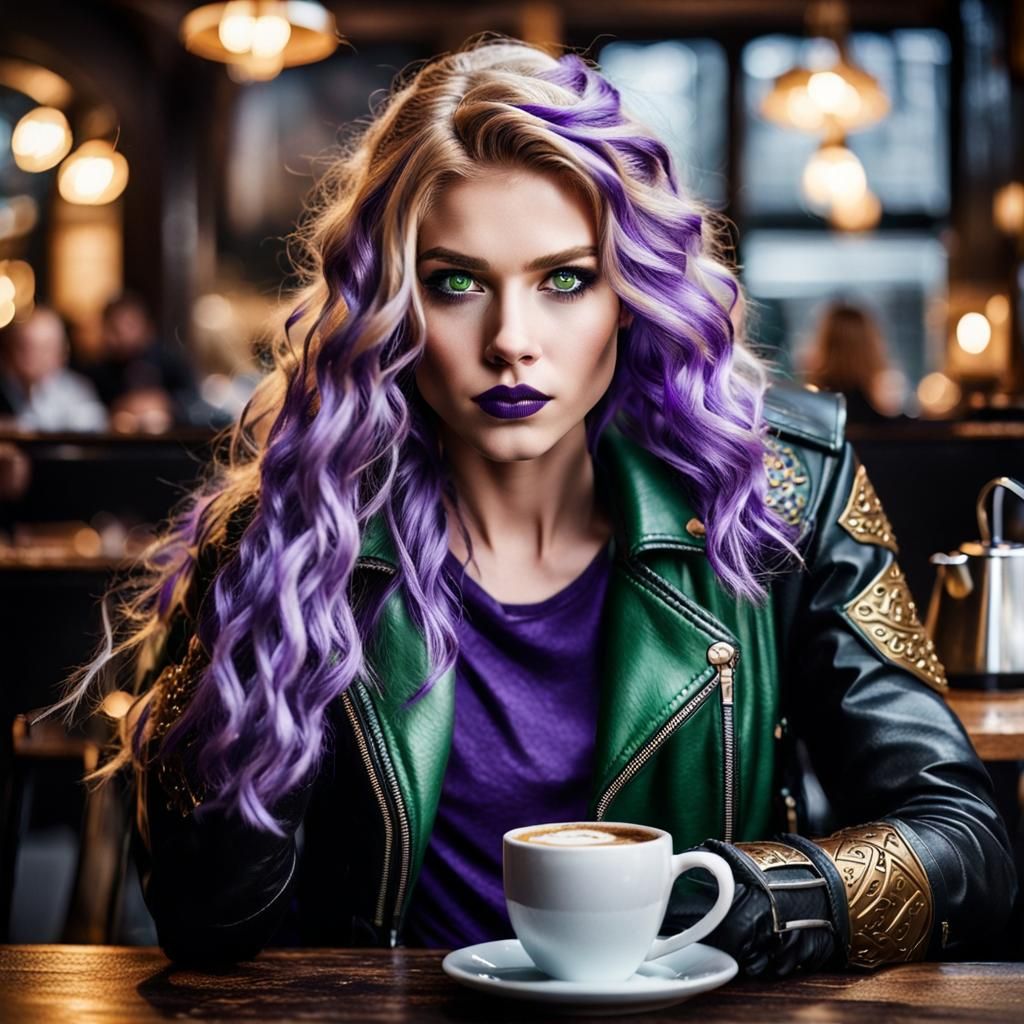 Valkyrie with Viking features, wavy golden hair that has pur...