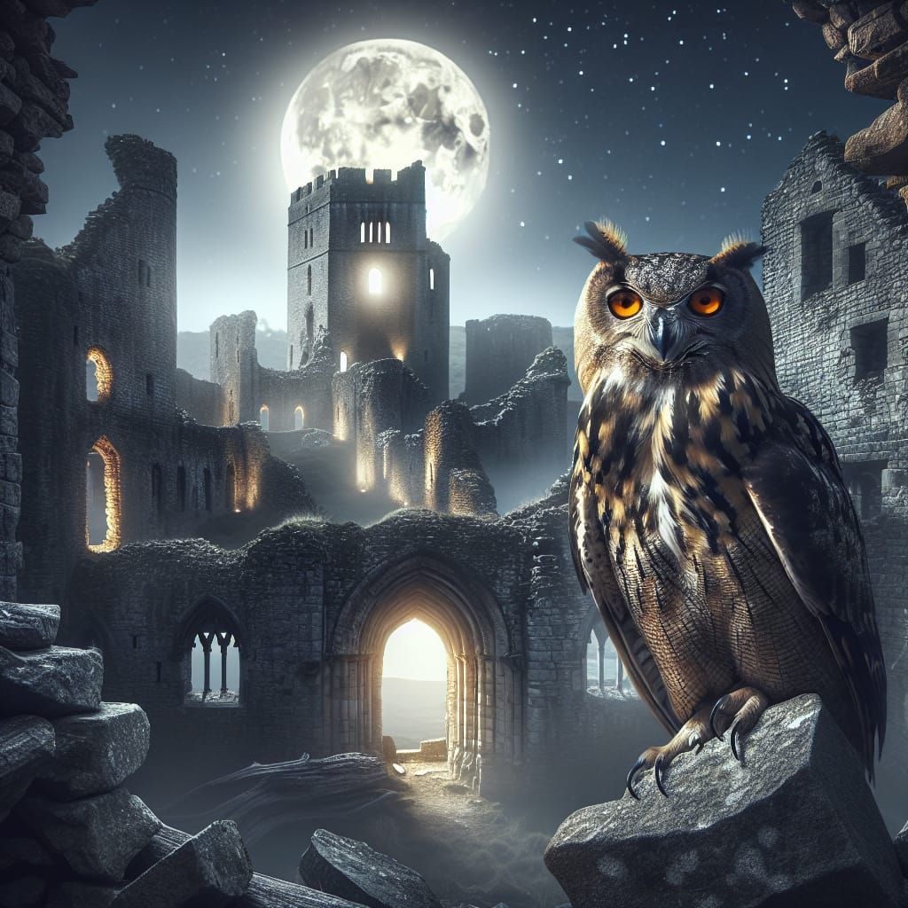 Create a stunning image of an eagle owl with glowing amber eyes perched majestically on a crumbling stone tower of an ancient ruined castle....