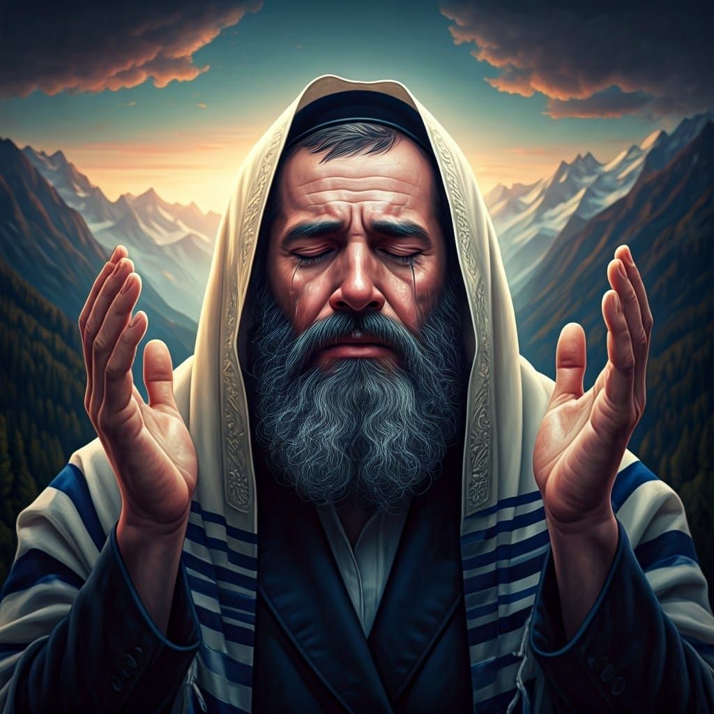 אדם יהודי חרדי בחבוש מסורתי על רקע הרים בשוויץ מרים את ידיו ...