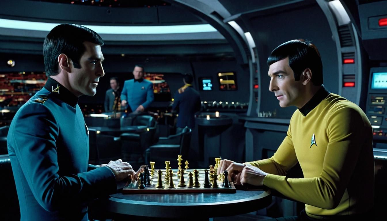 spock and data playing tri-dimensional chess in the bar of t...
