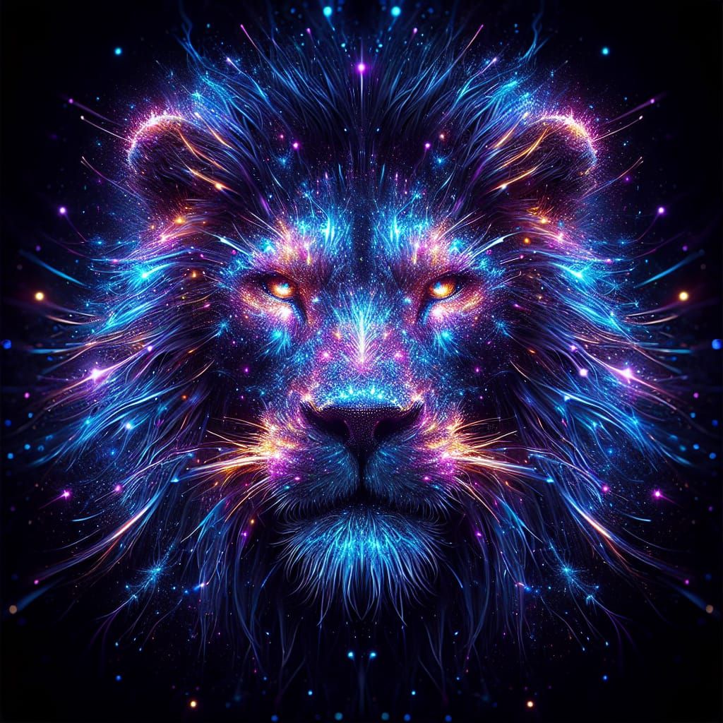 A masterpiece of a lion made out of a lightning. glitchcore. blue and purple sparks. glowing eyes. closeup. ...  by @Fendena