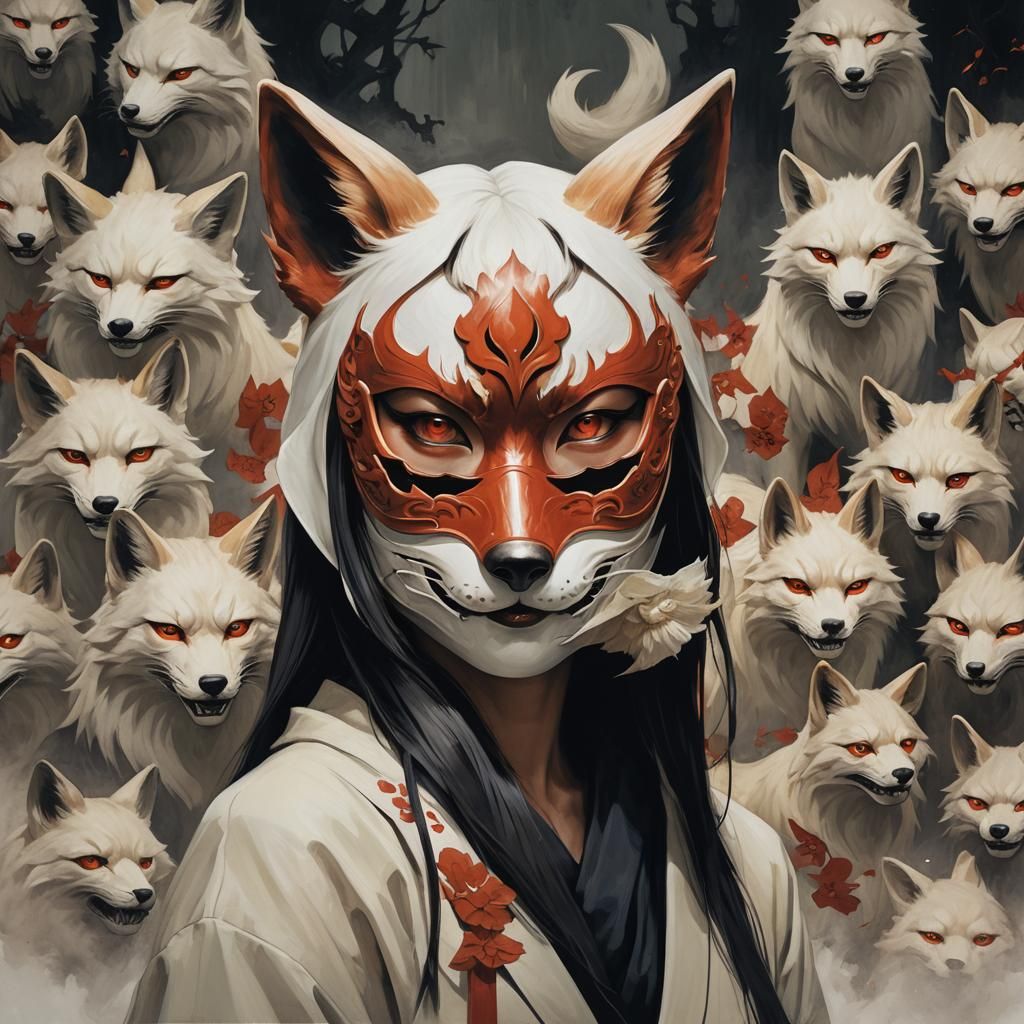 A woman wearing a kitsune mask