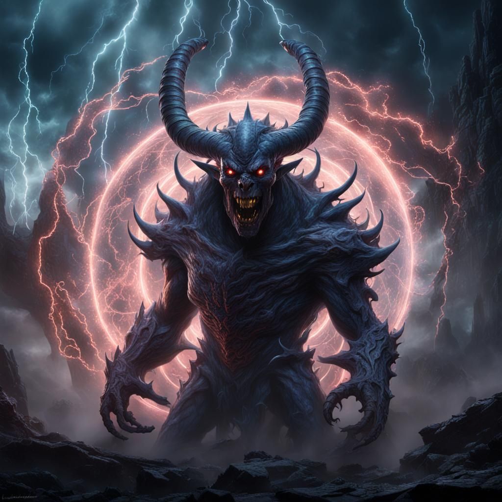 a chaos demon emerging from the warp, portal, sigils, mist, lightning, realistic horror