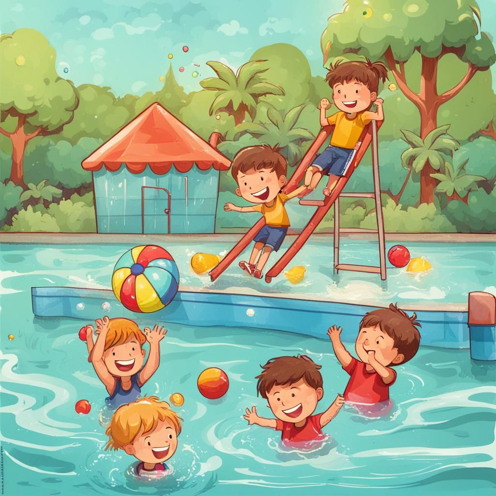 kids having fun in the pool, during summer