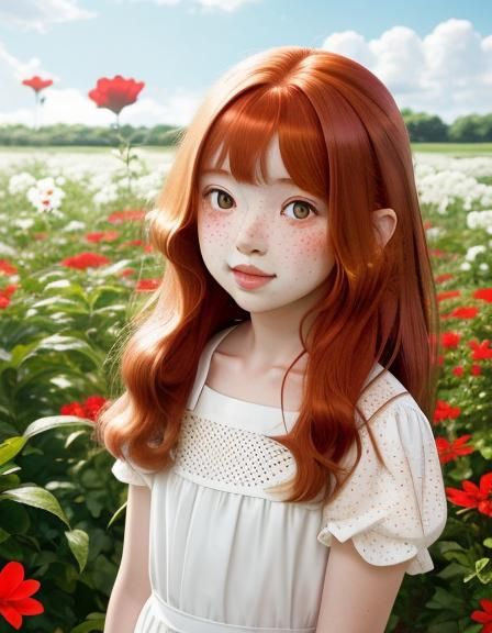 Auburn Haired Girl Picking Flowers, Anime Style