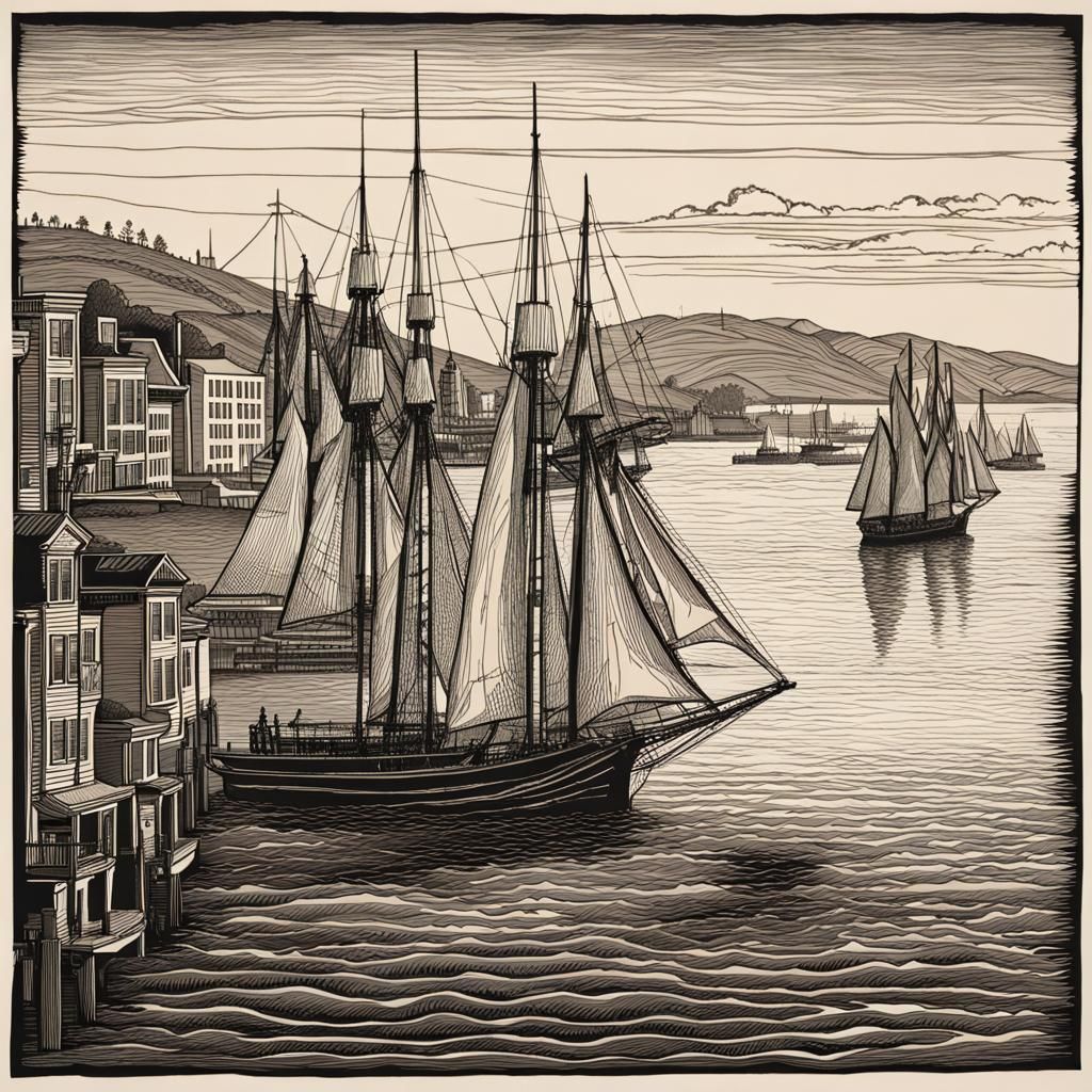  ink drawing, woodcut, line art san francisco bay landscape with tall ships.  by @Kea001