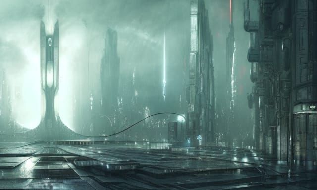 Massive, Dystopian, brutalist, futuristic, city, neon lighti...