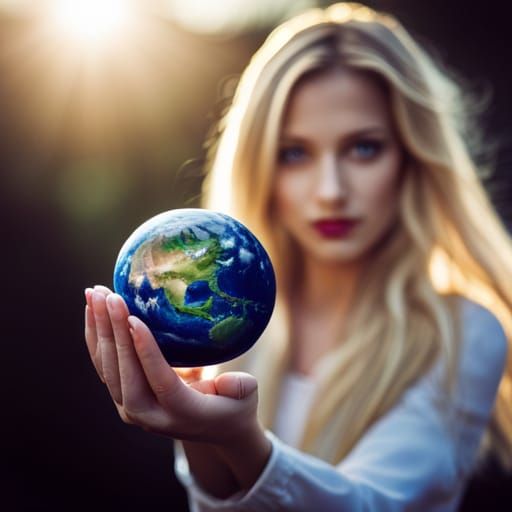 blonde long hair girl with the planet earth in her hands Pro...