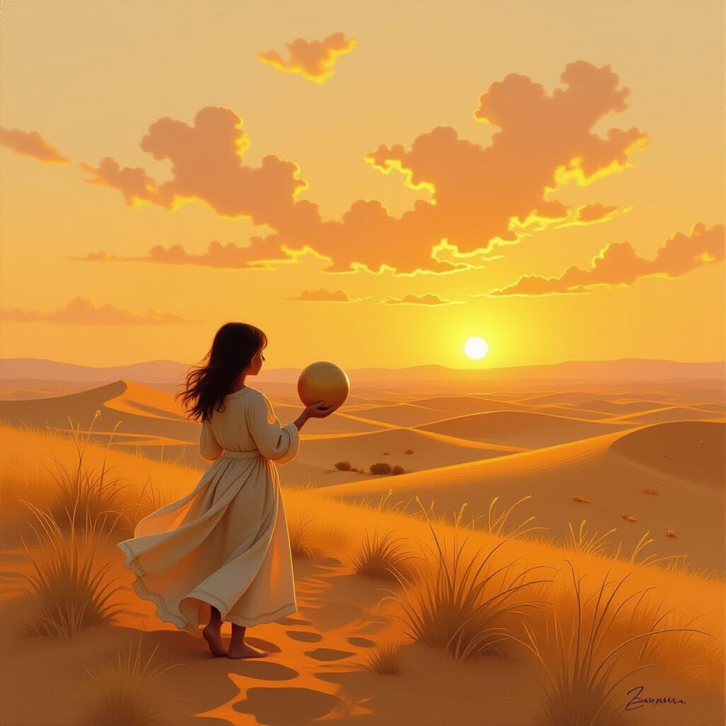 Sunset Desert Girl: Oil Painting in Whimsical Style