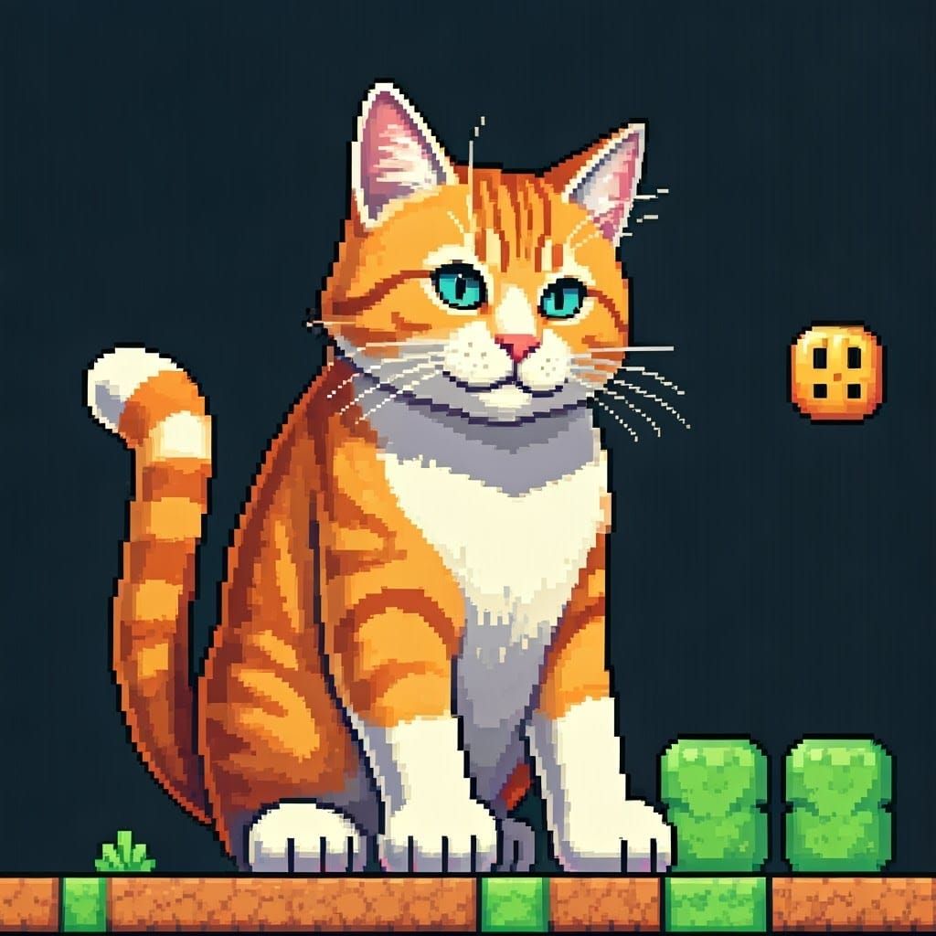 Big orange tabby cat in mario brother's video game in pixel art video game; intricate, detailed, pixels
