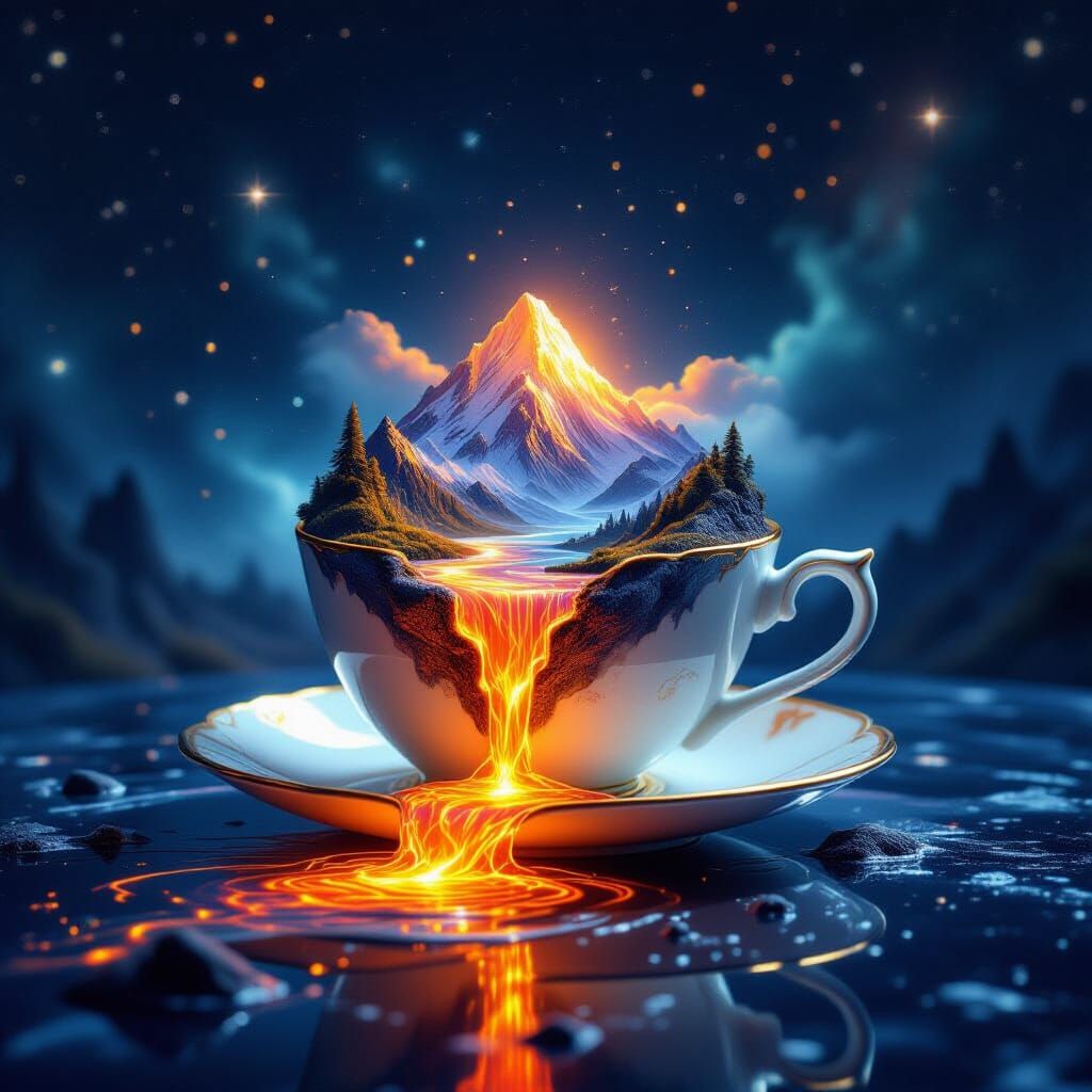 A **surreal, highly detailed concept artwork** of a **miniature mountain landscape contained within a ...  by @Trish