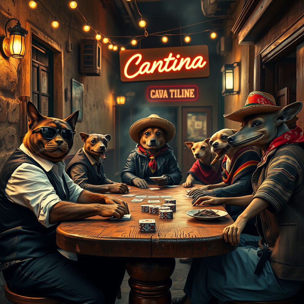 Outside a Mexican Cantina with a sign clearly marked in a broken neon glowing light illuminates a dimly lit alley in a small Mexican town, A...