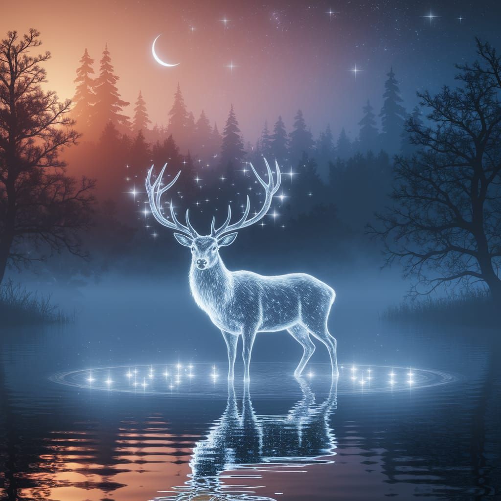 A luminous stag standing in a moonlit lake with stars in its antlers.
A ghostly deer leading travelers ...  by @Lintumila Manonka
