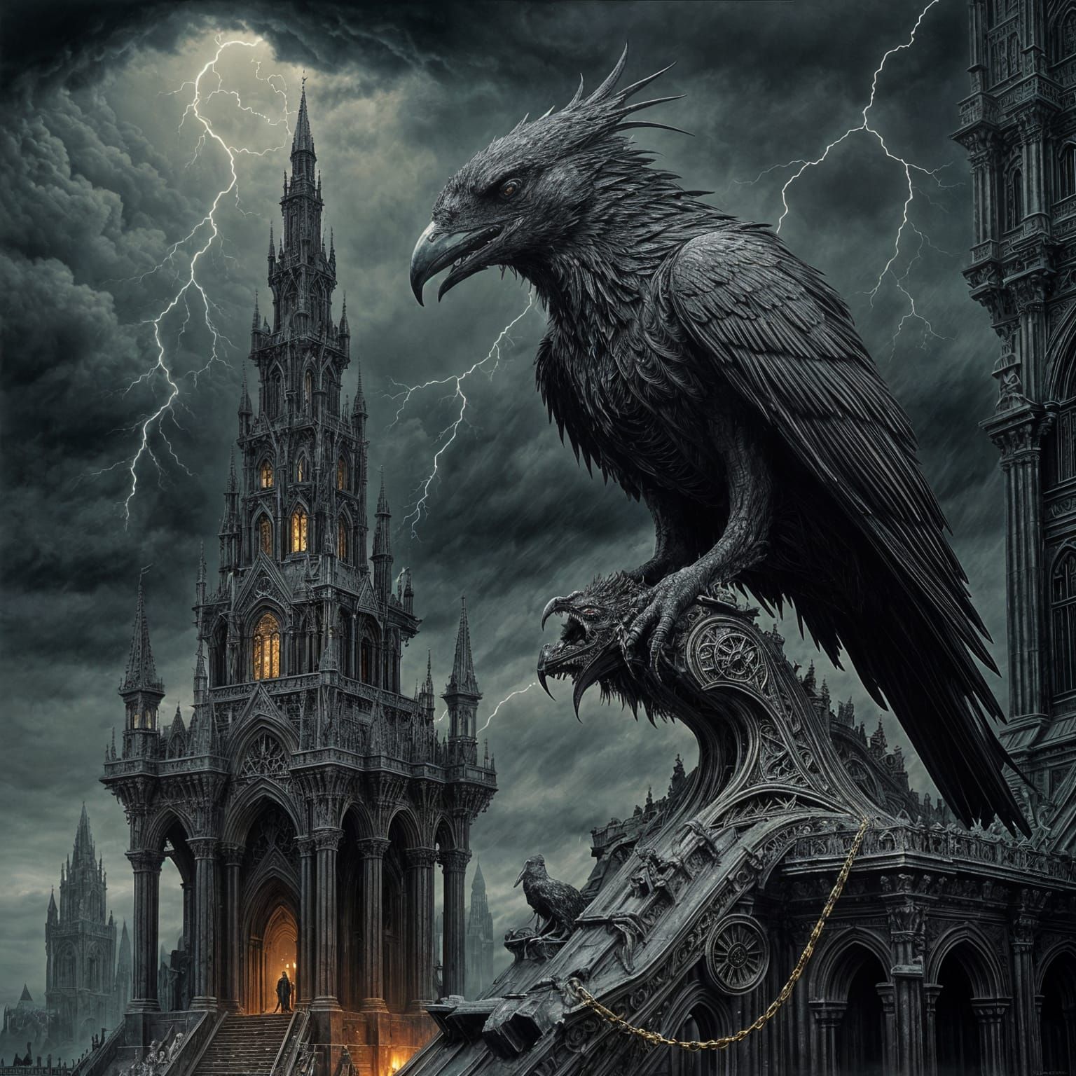 No-Theme Thursday. Gothic fantasy. An intricate automaton made of obsidian and brass, shaped like a raven, ...  by @Paul Snipes