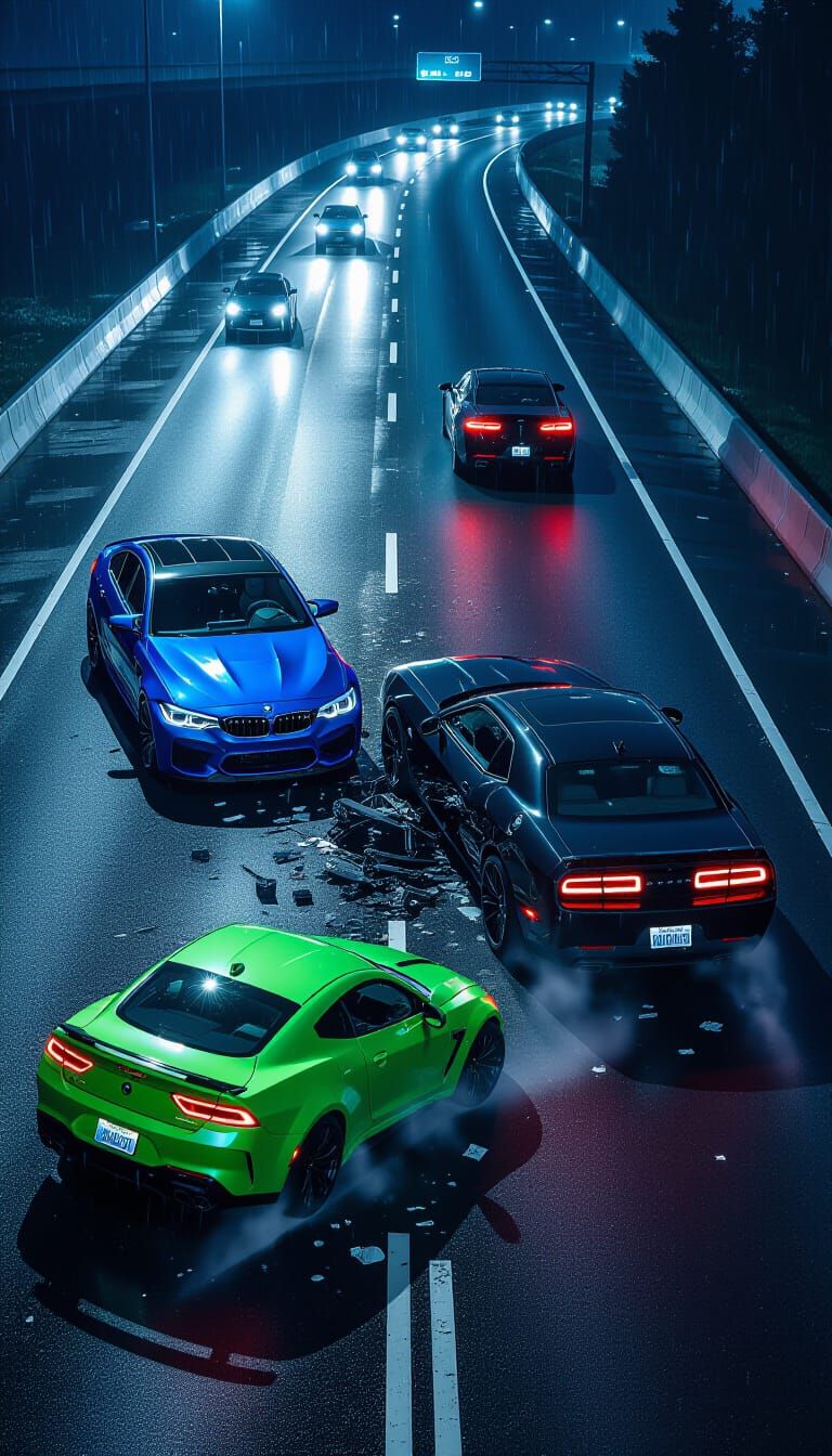 A nighttime highway, under a light rain that makes the asphalt glisten. In the center of the chaos, twisted metal wreckage of a blue BMW M5 ...