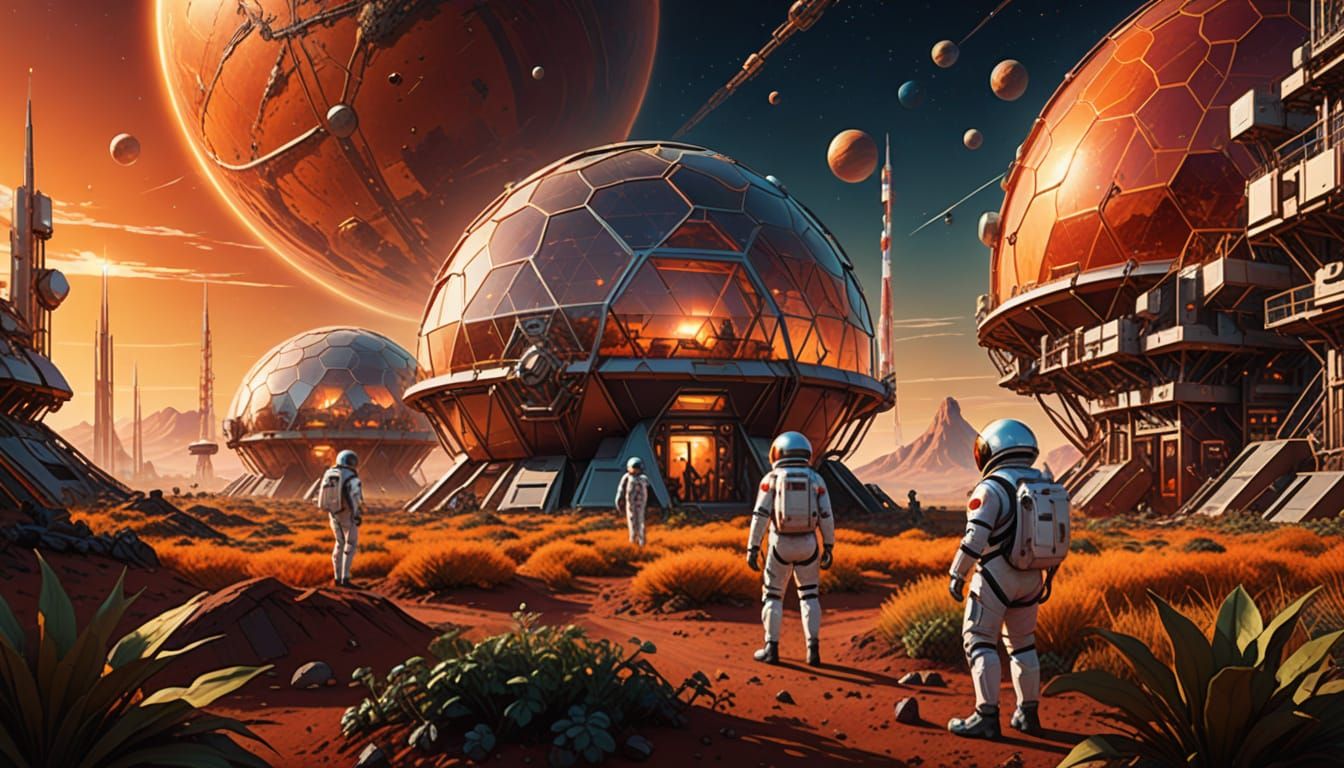 A vibrant Martian colony setting, showcasing multiple transparent geodesic domes housing living quarters ...  by @The Quantum AI Journey