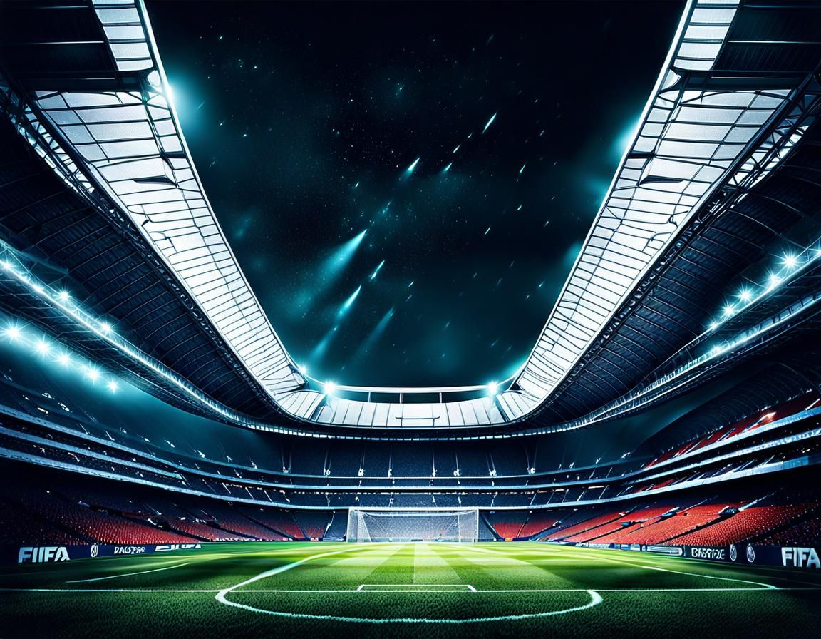 A digital artwork depicting a FIFA stadium at night, illuminated by dramatic lighting. The focus