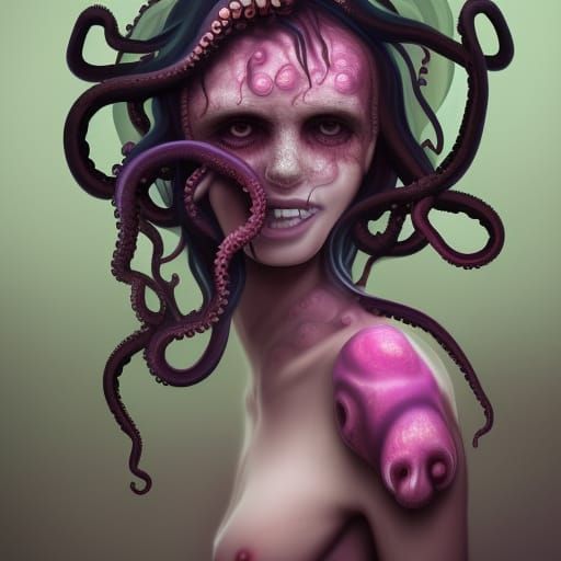 Tormented Goddess with Tentacles and Wings in a Graveyard Ab...