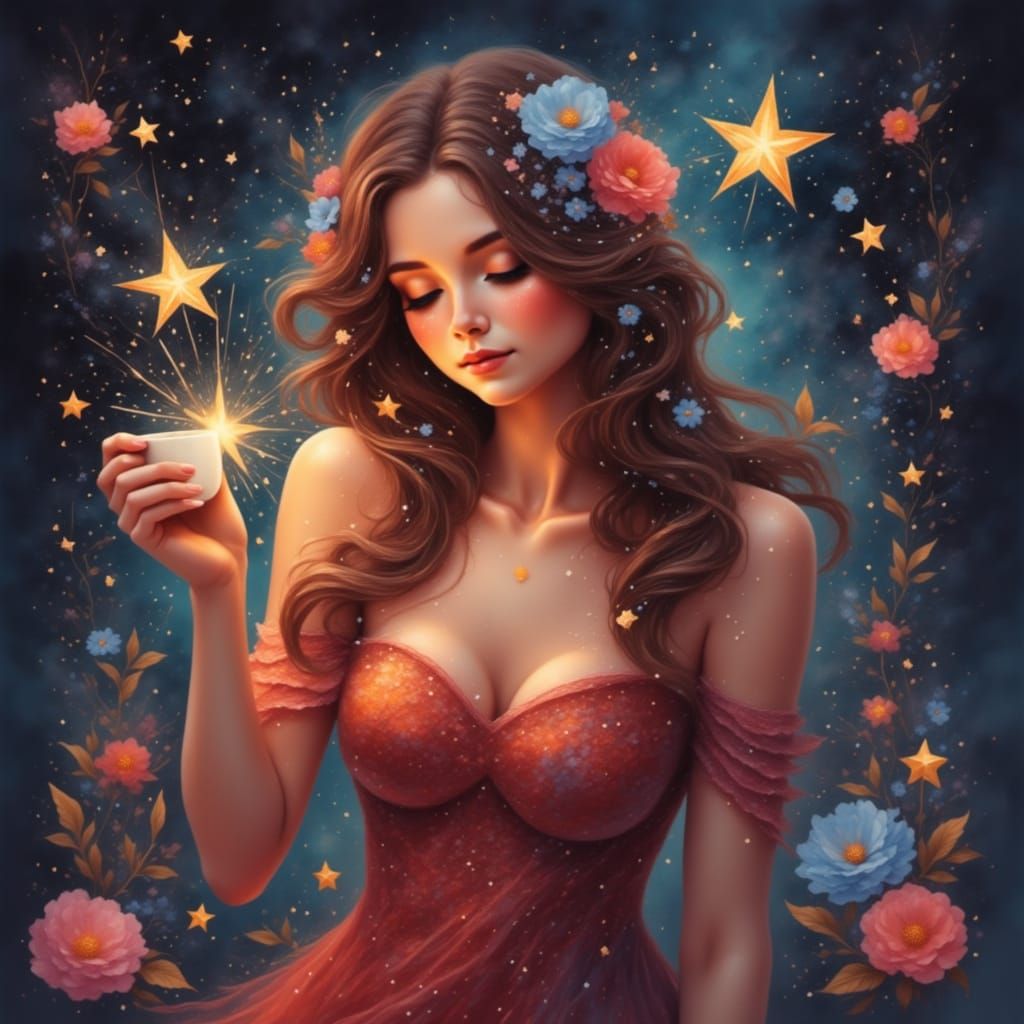 Coffee loving woman of star sparkle lines helps her star <lora:Pastel Dreams:1.0>