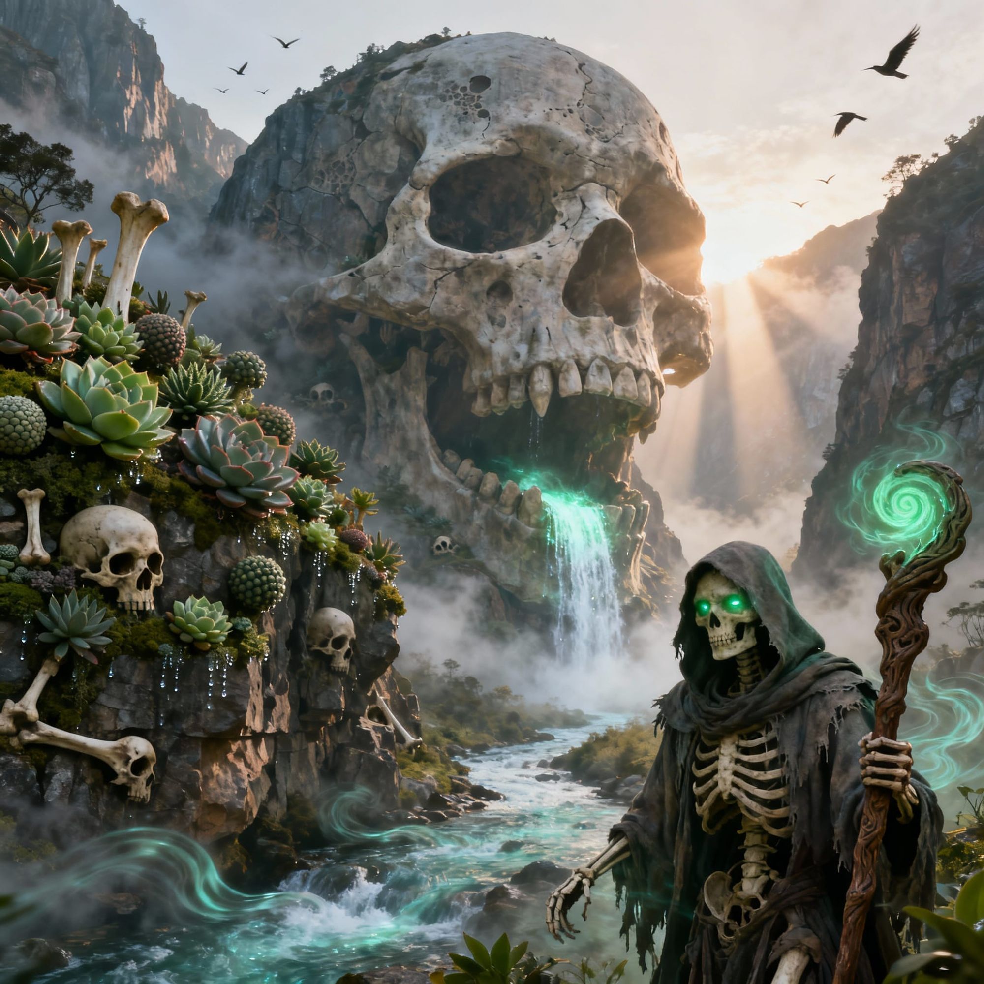 Epic ultra-detailed cinematic scene set in a vast supernatural valley at dawn, dominated by a colossal Skull-Mountain carved by nature, with...