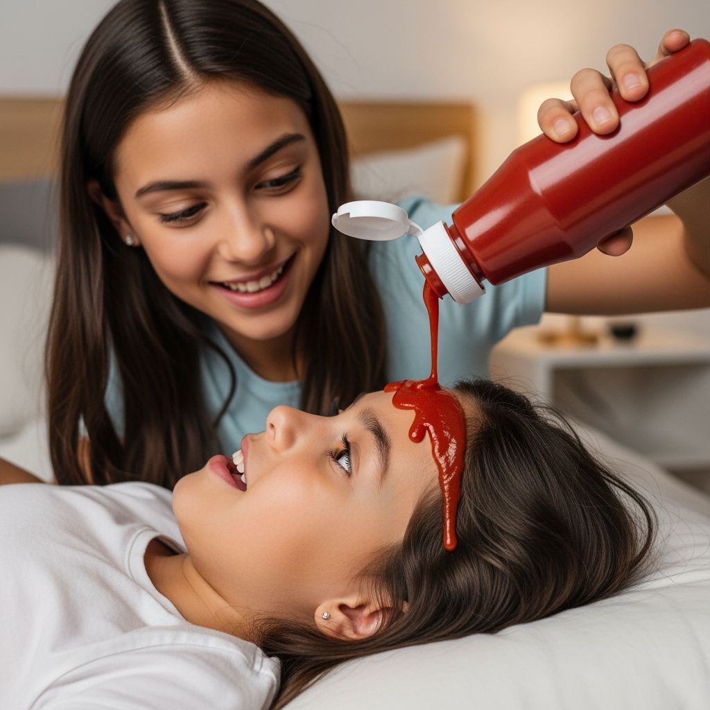 Sisters Play Ketchup Prank in Cozy Bedroom