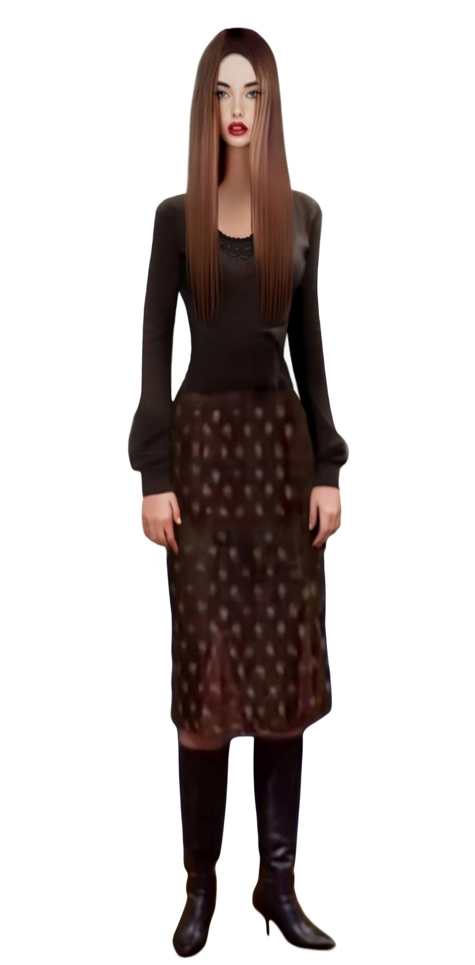 18 year old female with long straight brunette hairstyle as GMTV weather presenter, in chic dark long blouse top, long b...