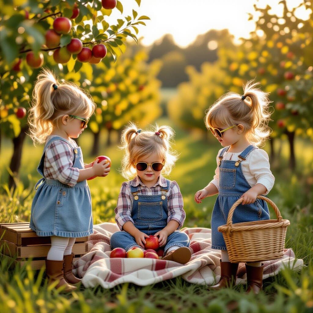 Triplet Girls in Apple Orchard at Golden Hour