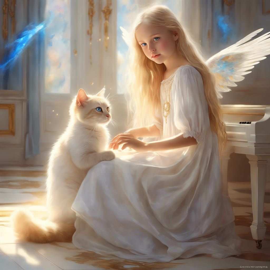 little angel with a white cat