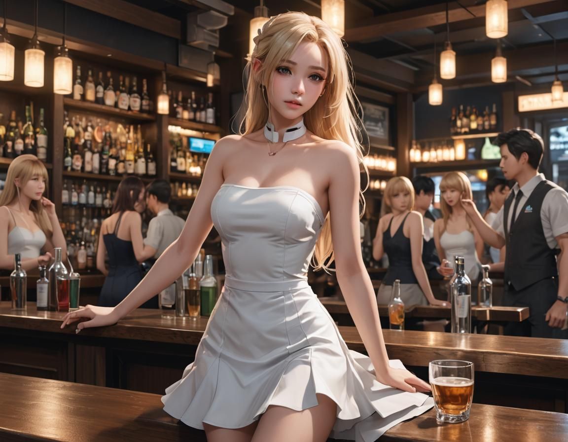 A girl with long blonde hair wearing a short-length white sl...