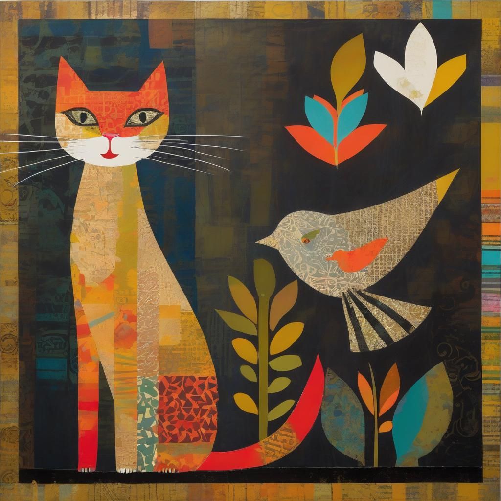 Cat and bird collage.