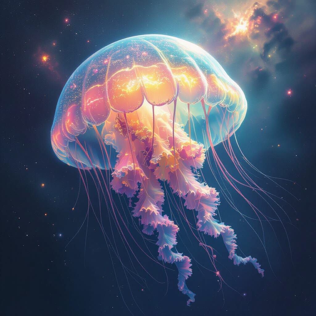 Imagine a colossal, bioluminescent jellyfish drifting through the cosmos, its tentacles adorned with glowing, crystalline structures. The je...