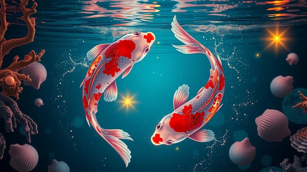 Glowing koi fish swimming gracefully, creating a Yin-Yang pattern  by @Gecko