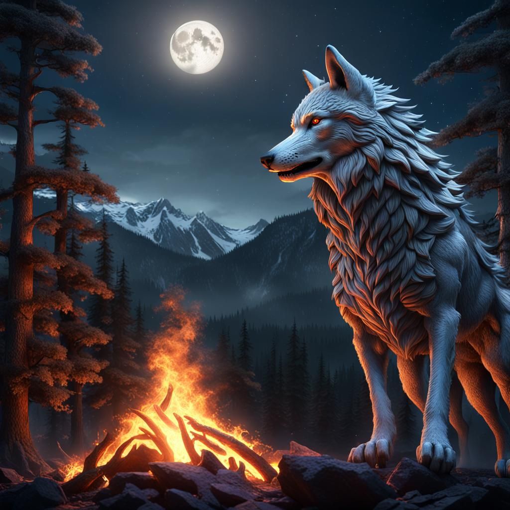 wolf spirit rising from fire, in a forest at twilight, under a large silver moon, in a forest and mountain valley, 3D shading, Art of Illusi...