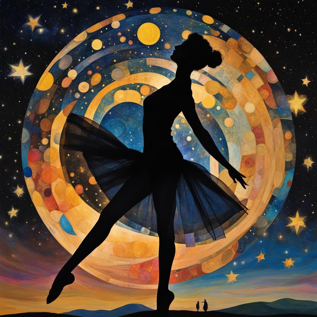 in the style of Gustav Klimt, Wassily Kandinsky, and Paul Klee :: ballerina silhouette, double exposure ...  by @Locutus